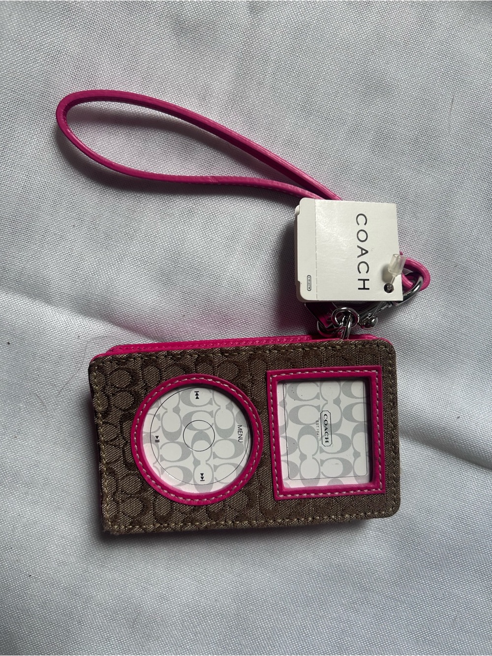 Coach Brown Signature ID Case with Pink Trim Wristlet for iPod Mini